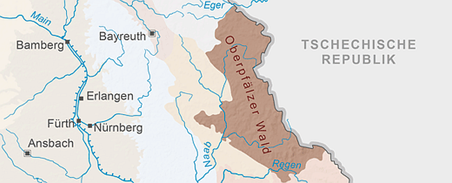 Kartenausschnitt mit der Lage des Oberpfälzer Waldes, zwischen der Eger, der Naab und dem Regen im Süden.
