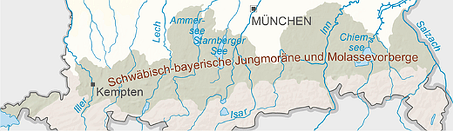 Kartenausschnitt mit den Schwäbisch-Bayerischen Jungmoräne und Molassevorbergen, die nördlich der Bayerischen Alpen liegen.