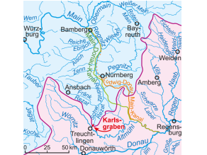 Karte mit der Europäischen Wasserscheide mit dem Karlsgraben nordöstlich von Treuchtlingen, als Durchstich für die Verbindung der Flusssysteme