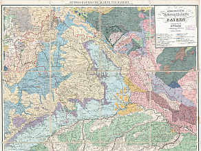 Originalexemplar einer von Carl Wilhelm Gümbel im Jahr 1845 angefertigten Geognostischen Übersichtskarte von Bayern im Maßstab 1:500.000.