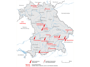 Bayernkarte mit markierten Fundstellen, welche in nachfolgender Auflistung näher benannt sind