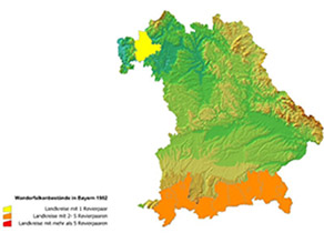 Die Grafik besteht aus zwei Teilen. Die erste zeigt eine Bayernkarte in der die Landkreise markiert sind, in denen im Jahr 1982 Wanderfalkenbruten nachgewiesen wurden. Besiedelt waren die Alpenlandkreise mit je zwei bis 5 Revierpaaren und in Nordbayern der Landkreis Main-Spessart mit einem Brutpaar. Die zweite Grafik zeigt die Bayernkarte mit den nachgewiesenen Brutpaaren 2008: Der komplette Alpenraum weist jetzt je Landkreis mindestens 6 Brutpaare auf, das Gleiche gilt auch für die Landkreise München, Eichstätt, Kelheim, Regensburg, Regen, Bamberg, Forchheim, Bayreuth und Miltenberg. In siebzehn Landkreisen und neun kreisfreien Städten kommen 2 bis 5 Brutpaare vor. In fünfzehn Landkreisen und in drei kreisfreien Städten konnte ein Revierpaar nachgewiesen werden