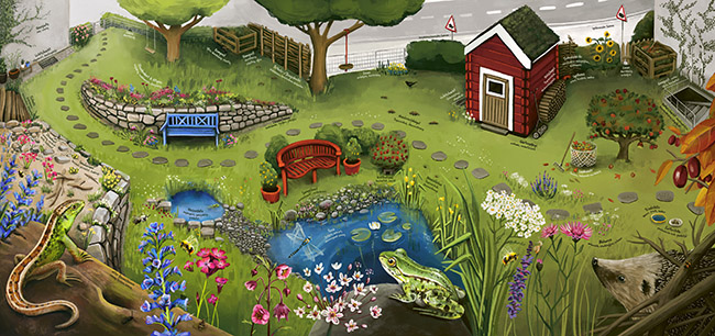 Illustration eines Gartens mit Teich und Steinelementen, in dem vielen Tieren und Pflanzen leben.