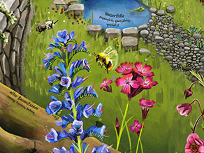 Illustration eines Igels, rechts daneben verschiedene Gartenpflanzen.