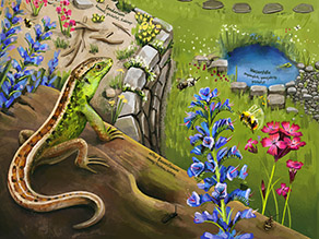 Illustration einer Eidechse auf einem umgestürzten Baumstamm, im Hintergrund ein Teich. 
