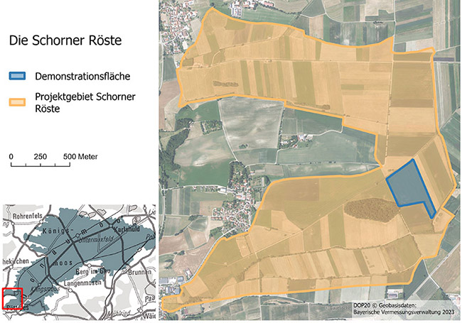 Die Abbildung ist in zwei Abschnitte unterteilt. Links eine Übersichtskarte des Bayerischen Donaumooses mit der Verortung des Projektgebietes 