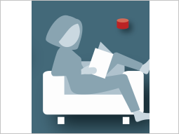 Das Piktogramm zeigt eine Frau auf einem Sofa. Das Exposimeter an der Wand symbolisiert, dass in dem Raum die Radonkonzentration gemessen wird. Die Bewohner legen die Exposimeter in die Räume, in denen Messungen geplant sind.