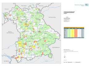 Übersichtskarte von Bayern mit farbiger Darstellung des Stands der Gewässerentwicklungskonzepte in den Gemeinden (Übersichtsbild). Bayernkarte, siehe auch nachfolgende PDF-Datei.