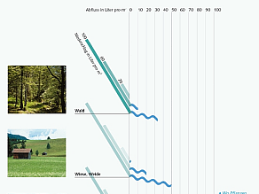 Abflussbildung hängt von Boden und Bewuchs ab. 4 Beispielbilder: Wald - geringer Abfluss; Wiese/Weide - höherer Abfluss; Getreide/Futterpflanzen - höherer Abfluss; Undurchlässige Fläche - höchster Abfluss