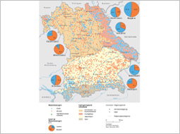Karte mit der Verteilung der Brunnen und Quellen sowie der drei Oberflächenwasserentnahmen in Bayern vor dem Hintergrund der Hydrogeologischen Großräume im Jahr 2022.