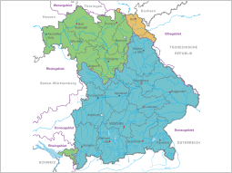 Bayernkarte mit den Flussgebietseinheiten nach Wasserrahmenrichtlinie, der Hauptwasserscheide, die Flussgebiete von Donau, Rhein und Elbe trennt, den Amtsbezirksgrenzen der Wasserwirtschaftsämter, dem Sitz der Wasserwirtschaftsämter, dem Sitz der Bezirksregierungen, der Staatsgrenze Deutschlands und der Landesgrenze Bayerns.