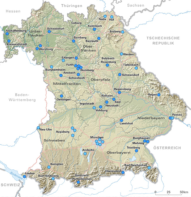 Karte der bayerischen Luftmessstationen