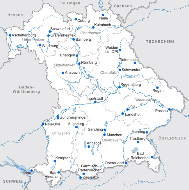 Bayernkarte mit IfR-Messstationen. Stationsliste kann unterhalb der Karte eingeblendet werden.