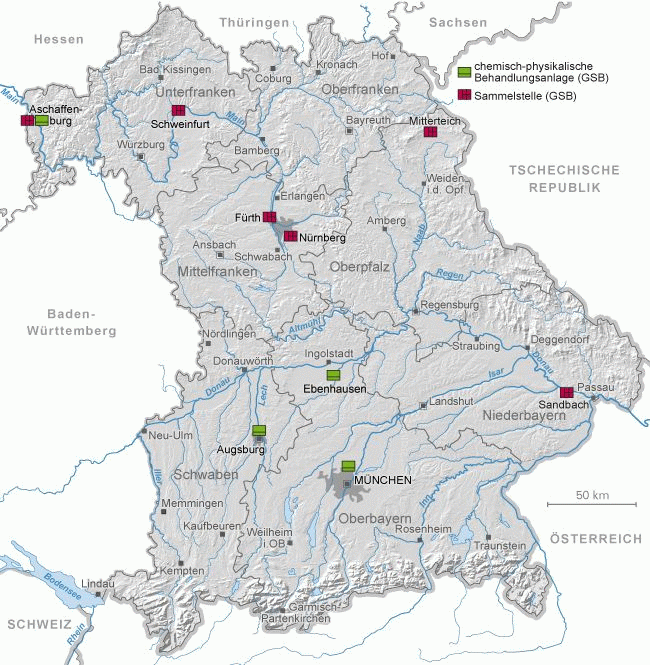Bayernkarte mit den chemisch-physikalischen Behandlungsanlagen und den Sammelstellen der GSB