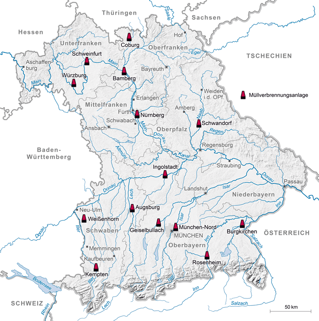 Bayernkarte mit den thermischen Behandlungsanlagen Siedlungsabfälle