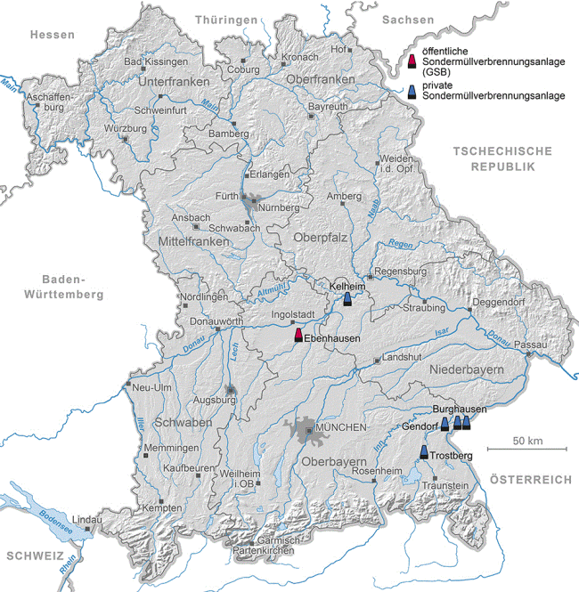 Bayernkarte mit den Sonderverbrennungsanlagen