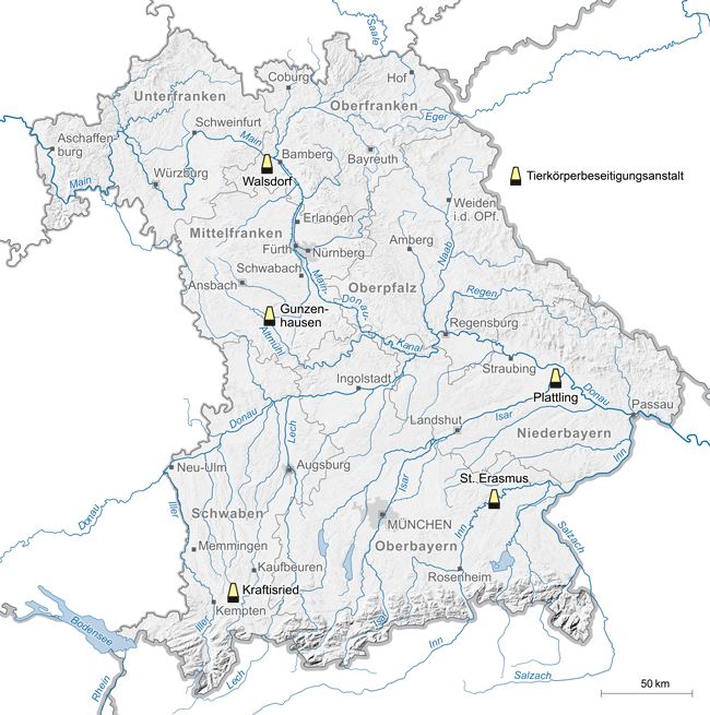 Bayernkarte mit den Standorten von Tierkörperbeseitigungsanstalten