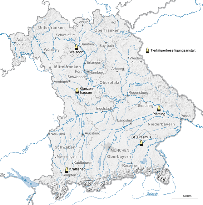 Bayernkarte mit den Standorten von Tierkörperbeseitigungsanstalten Bayernkarte mit den Standorten von Tierkörperbeseitigungsanstalten