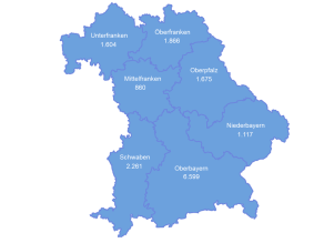 Die sieben Regierungsbezirke in Bayern, zugehörige Zahlenangaben je Regierungsbezirk in nachfolgender Auflistung.