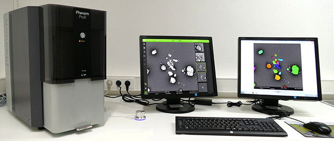 Rasterelektronenmikroskop mit angeschlossenen Bildschirmen, auf denen aufgenommene Mikroplastikpartikel zu sehen sind. Das Mikroskop ist mit einem EDX-Detektor (Röntgenspektroskopie) ausgestattet, mit Hilfe dessen man die chemische Elementzusammensetzung einer Probe ermitteln kann.