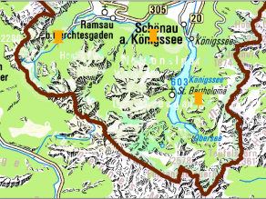Kartenausschnitt von Berchtesgaden mit Markierung der drei Boden-Klimastationen bei Ramsau, bei Schönau und beim Königsee.