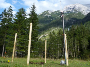 Geländeansicht einer Boden-Klimastation bestehend aus einer Einzäunung und der aus dem Boden ragenden Sendeeinrichtung.