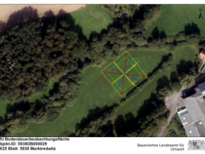 Luftbild einer Grünlandfläche mit eingezeichneter Bodendauerbeobachtungsfläche (quadratische Fläche mit den ersten vier Probenahme-Achsen).