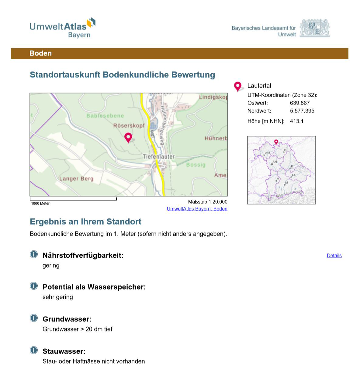 Bildschirmauszug aus dem UmweltAtlas Bayern mit Kartenausschnitt des Standorts, sowie einer erläuternden Tabelle.