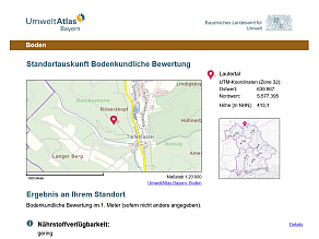 Bildschirmauszug aus dem UmweltAtlas Bayern mit Kartenausschnitt des Standorts, sowie einer erläuternden Tabelle.