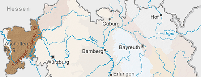 Kartenausschnitt: Lage von Spessart und Odenwald im Nordwesten Bayerns