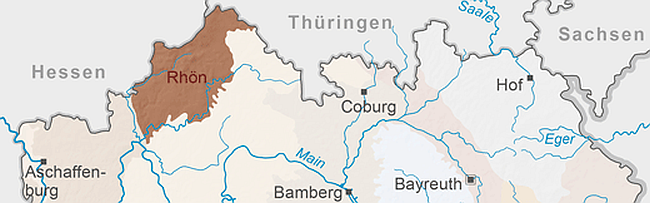 Kartenausschnitt: Lage der Rhön im Nordwesten von Bayern