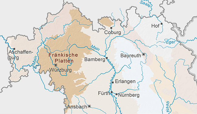 Kartenausschnitt mit Markierung der Fränkischen Platten, im Nordwesten von Bayern