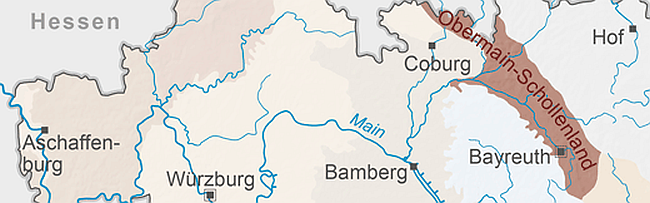 Die Lage des Obermain-Schollenlandes in Bayern, im Bereich östlich von Coburg bis etwa Bayreuth.