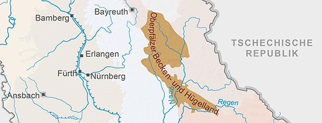 Lage des Oberpfälzer Becken- und Hügellandes im Osten Bayerns.