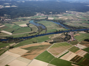 Luftbild: Altarm der Donau mit großen, fruchtbaren, landwirtschaftlich genutzten Flächen.