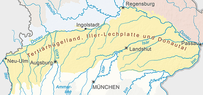 Lage des Gebietes in Bayern, welches sich südlich des Donauverlaufs, bis etwa auf Höhe von München erstreckt.