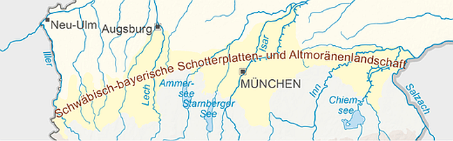 Die Schwäbisch-Bayerische Schotterplatten und Altmoränenlandschaft in Bayern, die sich nördlich von München von West nach Ost zieht.