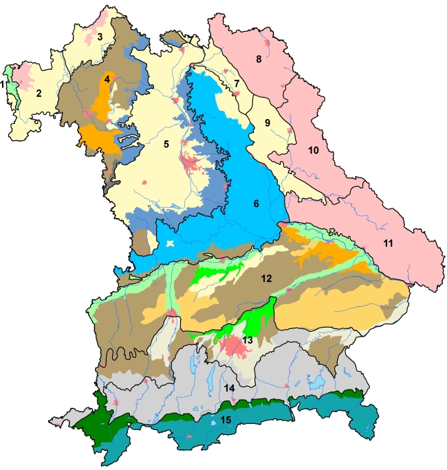 Bayernkarte mit den 15 unterschiedlichen Bodenprofilen Bayernkarte mit den 15 unterschiedlichen Bodenprofilen