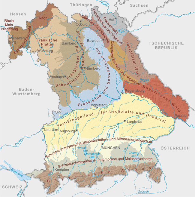 Bayernkarte mit den 15 Landschaften