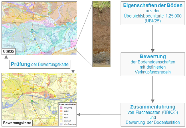 Flussdiagramm: Mit definierten Verknüpfungsregeln werden die Eigenschaften der Böden bewertet. Diese Eigenschaften und Flächendaten aus der Übersichtsbodenkarte 1:25.000 werden dann zusammengeführt. Das Endprodukt ist eine Karte die zeigt, wie gut die unterschiedlichen Böden die jeweilige Bodenfunktion erfüllen.