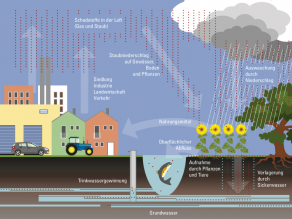 Schema: Pfade der Ausbreitung von Stoffen am Beispiel von Luftschadstoffen wie Verlagerung durch Sickerwasser in Böden oder Eintrag in die Luft durch Verkehr.