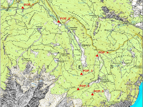 Kartenausschnitt des Nationalparks Berchtesgaden mit eingezeichneten 6 Beprobungsstandorten