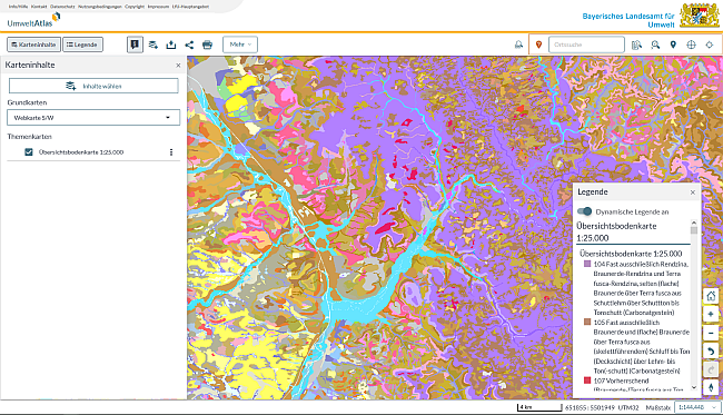 Screenshot der bayernweiten Bodenausgangsgesteinskarte 1:500.000 mit Legende.
