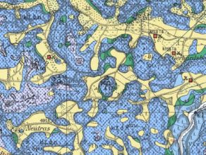 Ausschnitt aus der Geologischen Karte 1:25.000, Kartenblatt Pommelsbrunn. Die Karte stellt die geologischen Einheiten farblich dar. Im Kartenausschnitt sind 9 ehemalige Farberdeabbaustellen als rote Quadrate eingezeichnet. Ausschnitt aus der Geologischen Karte 1:25.000, Kartenblatt Pommelsbrunn. Die Karte stellt die geologischen Einheiten farblich dar. Im Kartenausschnitt sind 9 ehemalige Farberdeabbaustellen als rote Quadrate eingezeichnet.