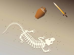 Illustration eines Archivbodens mit einem Dinosaurier-Skelett, einer antiken Tonvase und einem goldenen Schwert. Illustration eines Archivbodens mit einem Dinosaurier-Skelett, einer antiken Tonvase und einem goldenen Schwert.
