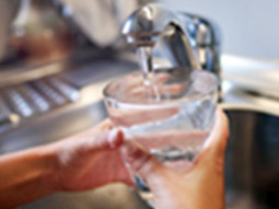 Ein Wasserglas wird unter dem Wasserhahn gefüllt.