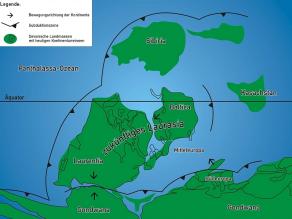 Karte der Land- und Meerverteilung im Devon (vor 417 - 354 Millionen Jahren). Erläuterung im nachfolgenden Text