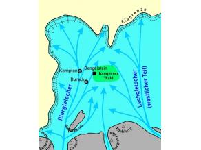 Karte mit dem Gebiet um Kempten mit Darstellung des Illergletschers und des Lechgletschers. Erläuterung im nachfolgenden Text