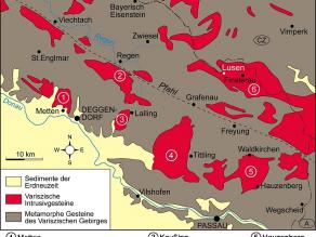 Karte mit den Intrusivgebiete des Bayerischen Waldes in diesem Gebiet