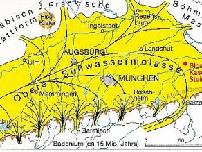 Grafik des Molassebeckens während des mittleren Miozäns bei Bildung der oberen Süßwassermolasse